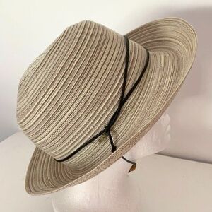 Scala gray and tan woven hat with leather strap and drawstring interior headband